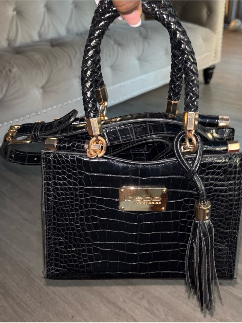 bebe Black Croc-Embossed Top Handle Crossbody with Tassel